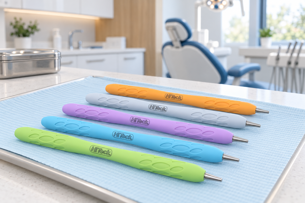 All five Cloud Mini Mirror Handle colours standing in a dental operatory