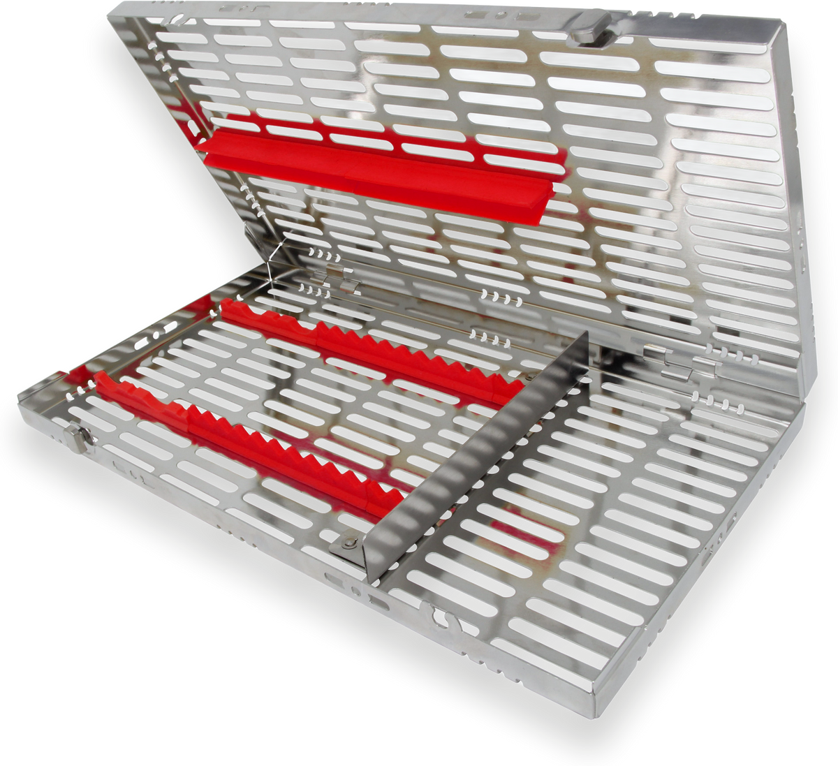 HMCT-2214 sterilization cassette, open, with red silicone rails